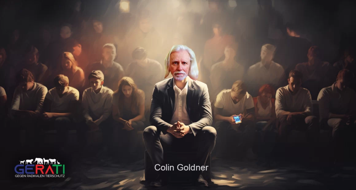 Bild von Colin Goldner, die auf einem Podium steht, umgeben von gelangweiltem Publikum. Auf der rechten Seite steht eine verwirrte und isolierte Person. Das Bild ist kontrastreich und enthüllt Geheimnisse und Intrigen.