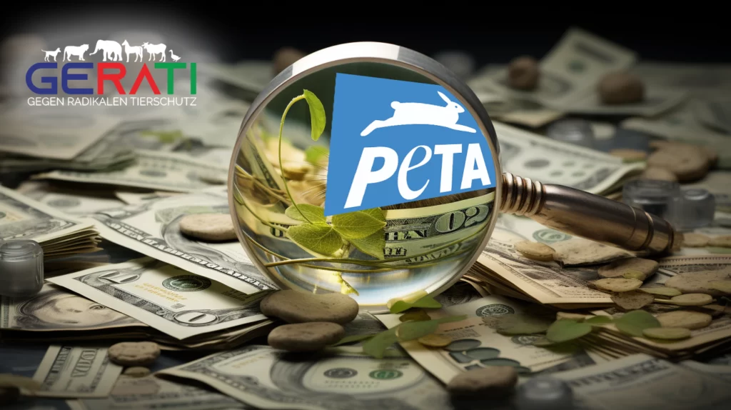 Ein Titelbild für einen Artikel über PETA Deutschland finanzielle Transparenz, welches eine Lupe zeigt, die über eine Bilanz schwebt und dabei detaillierte Informationen zu Einnahmequellen, Ausgaben und Spendenaufteilungen enthüllt.