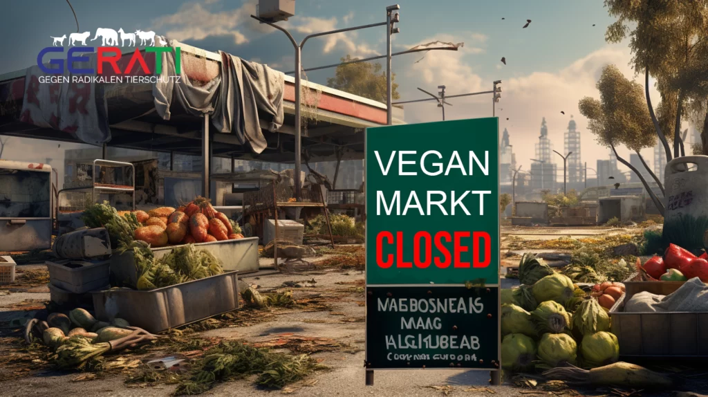 Ein verlassener Bauernmarkt mit verwelkten Gemüsen und leeren Ständen, die den Rückgang des Veganismus Trends symbolisieren.