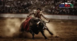 Ein Bild, das den Konflikt zwischen Spaniens gestärkten Tierschutzgesetzen und der fortgesetzten Legalität von Stierkampf visuell darstellt. Ein ruhiges Landschaftsbild steht im Kontrast zu einem verstörten Stier in einer Arena.