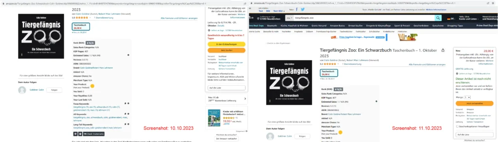 Vergleichscreenshot Amazon 10. und 11.10.2023