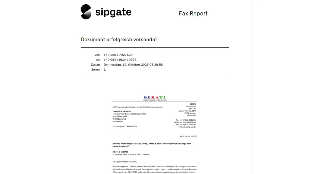 Faxreport Versand an Landgericht Landshut