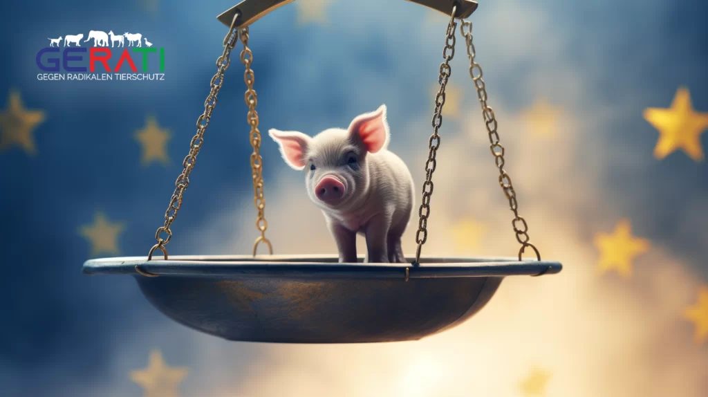 Ein Bild, das das Dilemma der EU darstellt: Tierschutz gegen steigende Lebenskosten. Ein verzweifeltes Ferkel und ein steigendes Preisschild symbolisieren den Verzicht auf Tierrechte für wirtschaftliche Stabilität.