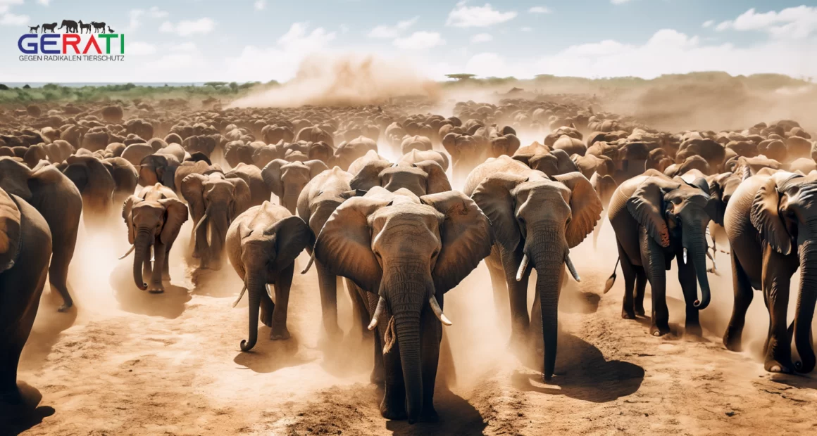 Ein Bild zeigt einen Elefanten in einem geschützten Gebiet, umgeben von einer Elefantenüberbevölkerung.