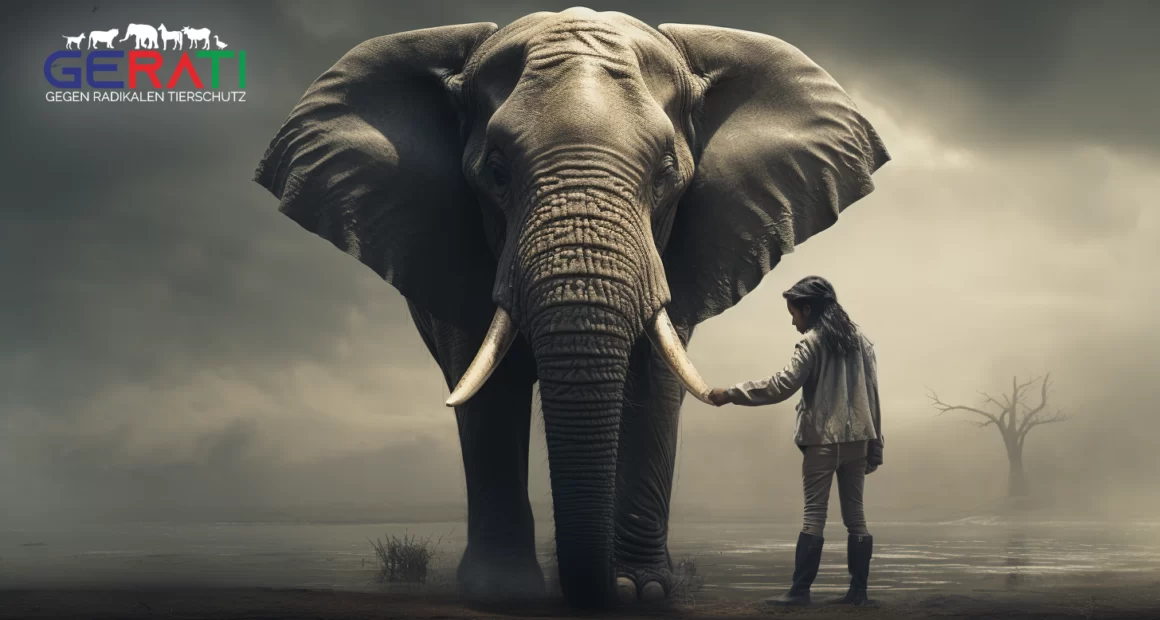 Ein Bild, das die komplexe Thematik des Tierschutzes und der unbeabsichtigten Folgen illustriert, zeigt den zarten Kampf zwischen einem mitfühlenden Menschen und einem majestätischen Elefanten.