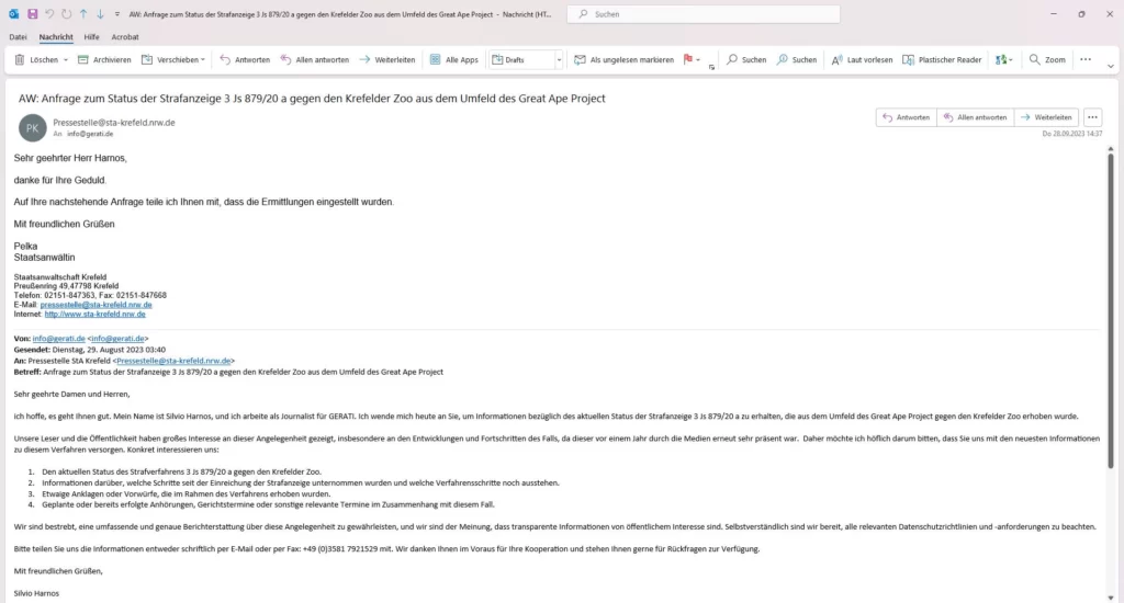 Die Wahrheit über die Einstellung des Verfahrens. Screenshot E-Mail von der Staatsanwaltschaft Krefeld