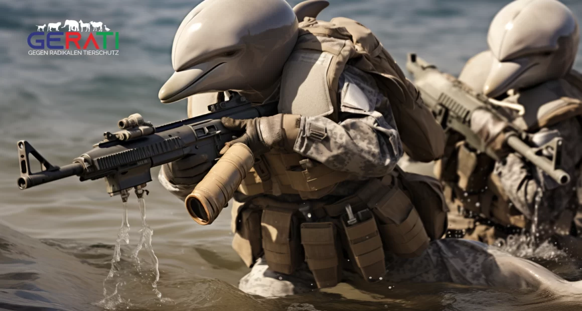 Delfine mit militärischer Ausrüstung auf dem Rücken schwimmen im Ozean.