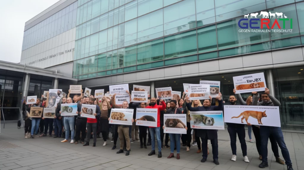Eine diverse Gruppe leidenschaftlicher Tieraktivisten demonstriert friedlich vor einem Regierungsgebäude und hält Schilder und Banner hoch, um für die Umsetzung eines neuen Tierschutzgesetzes zu plädieren.