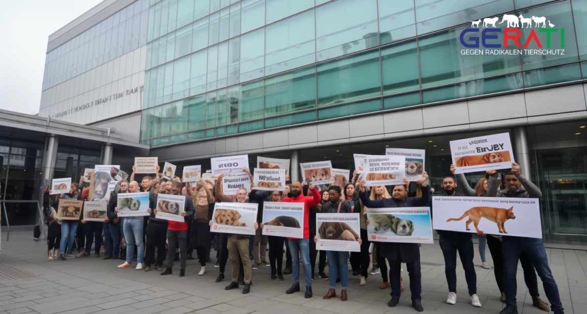 Eine diverse Gruppe leidenschaftlicher Tieraktivisten demonstriert friedlich vor einem Regierungsgebäude und hält Schilder und Banner hoch, um für die Umsetzung eines neuen Tierschutzgesetzes zu plädieren.