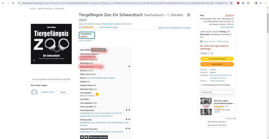 Screenshot Amazon.de: bis zum 30.10.2023 wurde gerade einmal 1 Buch über Amazon verkauft