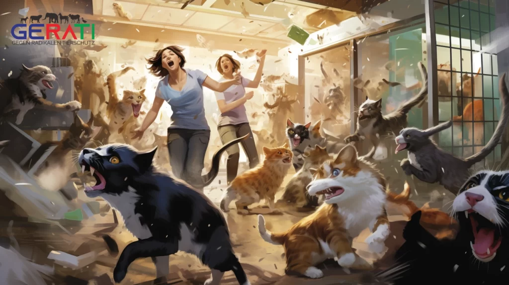 Ein hektisches Bild zeigt eine überfüllte Tierheim-Szene während einer Katzenflut. Gestresste Mitarbeiter eilen herum, um zu helfen, während die Katzen in überfüllten Käfigen miauen.
