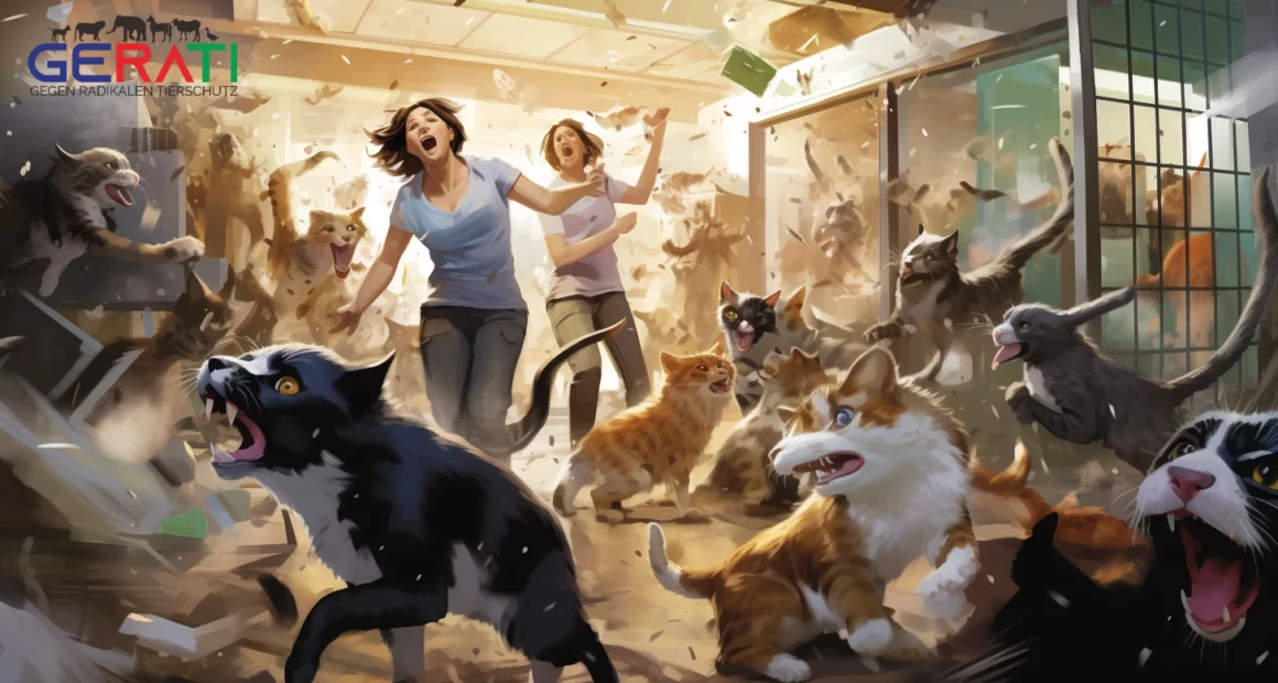 Ein hektisches Bild zeigt eine überfüllte Tierheim-Szene während einer Katzenflut. Gestresste Mitarbeiter eilen herum, um zu helfen, während die Katzen in überfüllten Käfigen miauen.