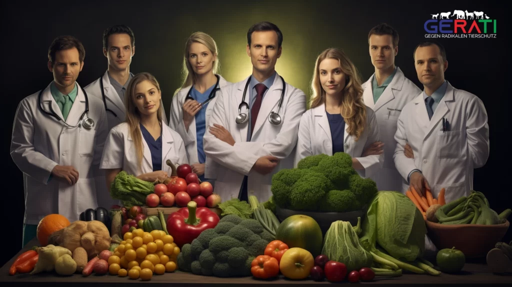 Eine Gruppe besorgter Ärzte umgeben von einer Vielzahl gesunder Lebensmittel, die die Gefahren einer veganen Ernährung für Kinder verdeutlichen.