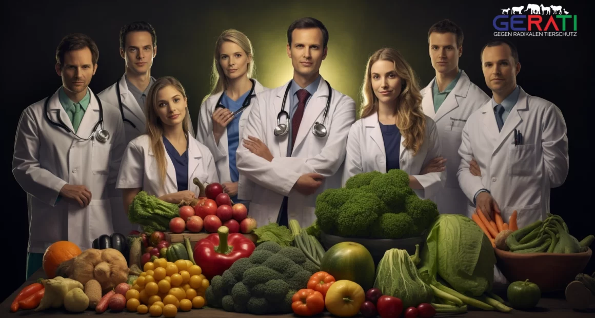 Eine Gruppe besorgter Ärzte umgeben von einer Vielzahl gesunder Lebensmittel, die die Gefahren einer veganen Ernährung für Kinder verdeutlichen.