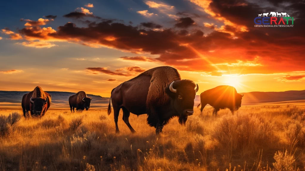 Eine Herde majestätischer amerikanischer Bisons grast friedlich auf einer weiten grasbewachsenen Ebene. Ihre kräftigen Körper und markanten Höcker sind vor einem leuchtenden Sonnenuntergangshimmel zu sehen.