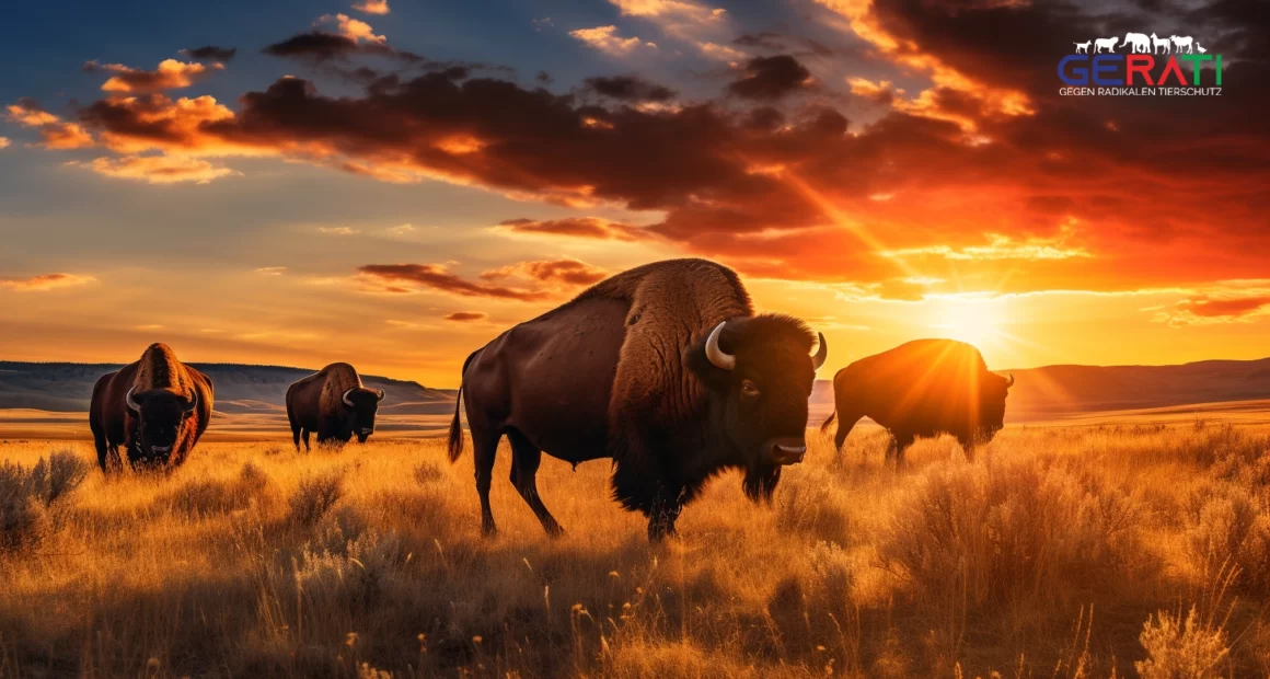 Eine Herde majestätischer amerikanischer Bisons grast friedlich auf einer weiten grasbewachsenen Ebene. Ihre kräftigen Körper und markanten Höcker sind vor einem leuchtenden Sonnenuntergangshimmel zu sehen.