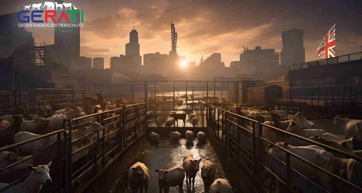 Ein belebter Kai in London mit großen Frachtcontainern und Viehställen, als visuelle Darstellung des Verbots der Ausfuhr lebender Tiere in der Stadt.