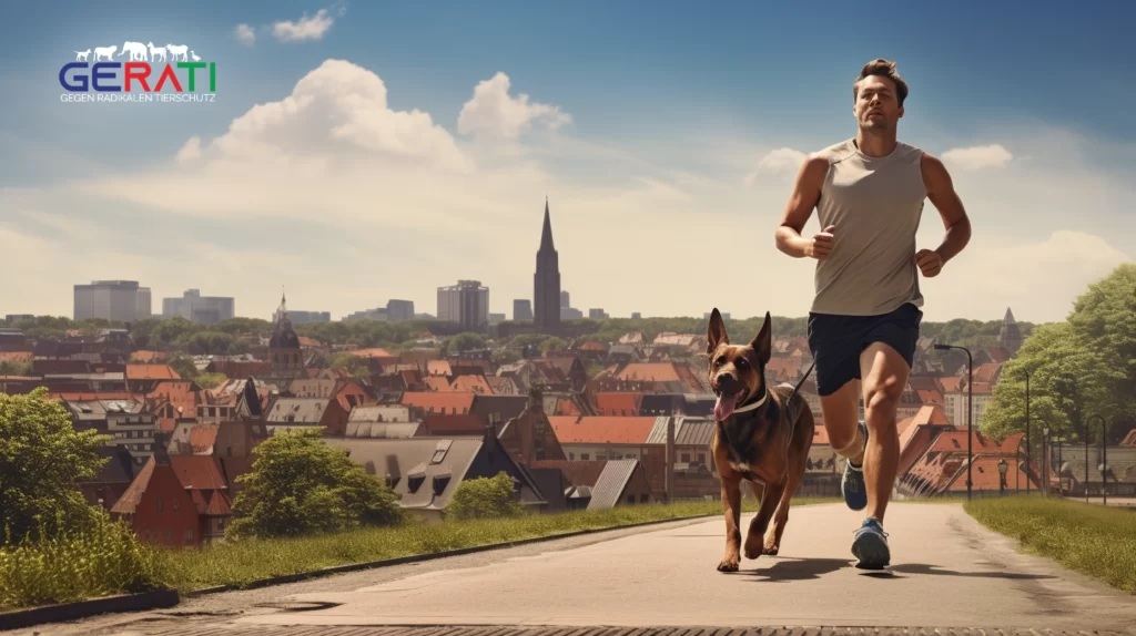 Eine Person und ein Hund nehmen an einem Trainingskurs für einen Hundeführerschein in Bad Schönborn teil, während der Ausbilder ihren Fortschritt überwacht und die Wahrzeichen der Stadt im Hintergrund zu sehen sind.