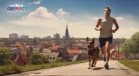 Eine Person und ein Hund nehmen an einem Trainingskurs für einen Hundeführerschein in Bad Schönborn teil, während der Ausbilder ihren Fortschritt überwacht und die Wahrzeichen der Stadt im Hintergrund zu sehen sind.