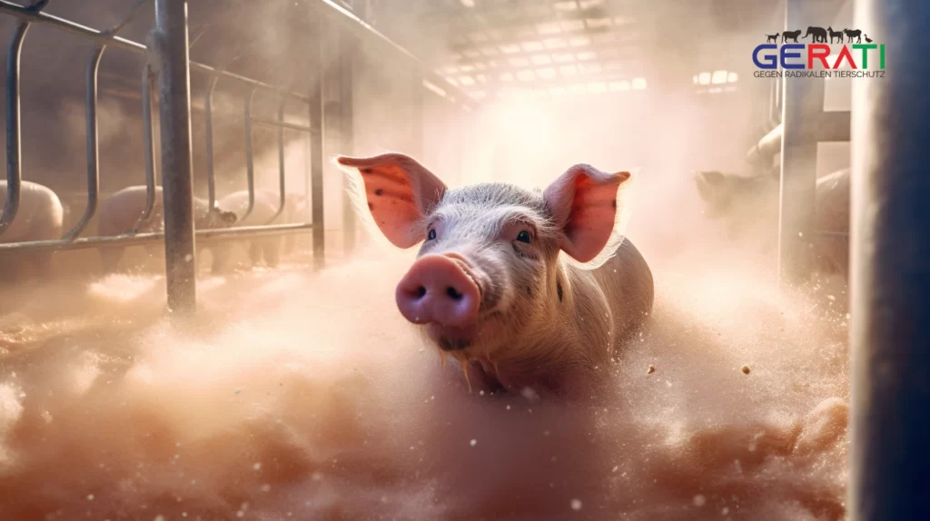 Ein Schwein wird in einem Schlachthaus mit CO2-Betäubung.
