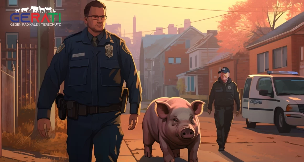Ein verärgerter Schwein wird von amerikanischen Polizeibeamten in Uniformen weggeführt, mit einem Polizeiauto und einem amerikanischen Vorort im Hintergrund. Schweineverhaftung in den USA.