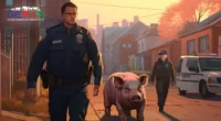 Ein verärgerter Schwein wird von amerikanischen Polizeibeamten in Uniformen weggeführt, mit einem Polizeiauto und einem amerikanischen Vorort im Hintergrund. Schweineverhaftung in den USA.