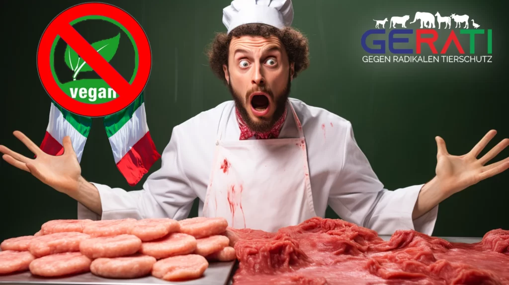 Ein schockierter Veganer steht vor einer italienischen Flagge mit einem auffälligen roten X über einer Petrischale mit Laborfleisch, das ein Laborfleischverbot der Produktion und des Verkaufs illustriert.