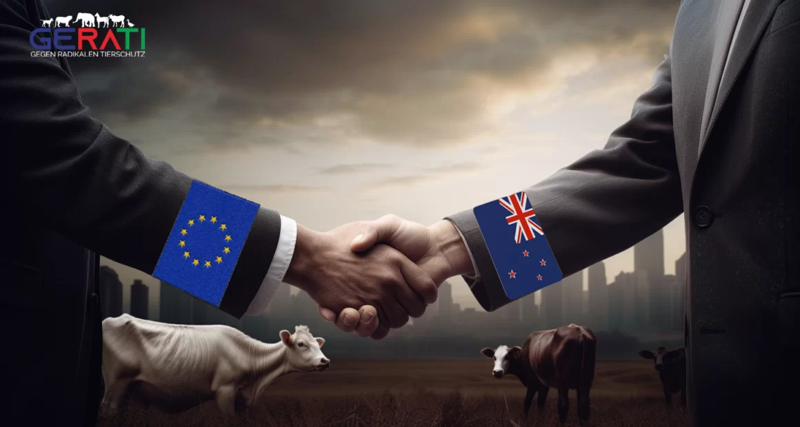 Zwei Hände schütteln sich zum Abschluss des Handelsabkommens mit dem Tierschutzabkommen im Vordergrund. Im Hintergrund sind Farmtiere wie Kühe, Schafe, Schweine und Hühner zu sehen.