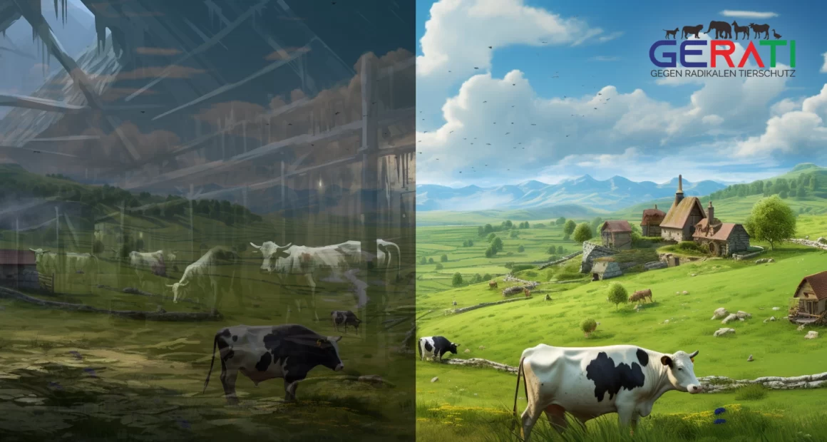 Ein Bild zeigt Anbindehaltung von Rindern und eine üppige grüne Weide, auf der eine Gruppe gesunder, zufriedener Kühe frei grasen. Im Kontrast dazu ist ein kleiner, beengter und karger Raum zu sehen, in dem eine einzelne Kuh angebunden ist.