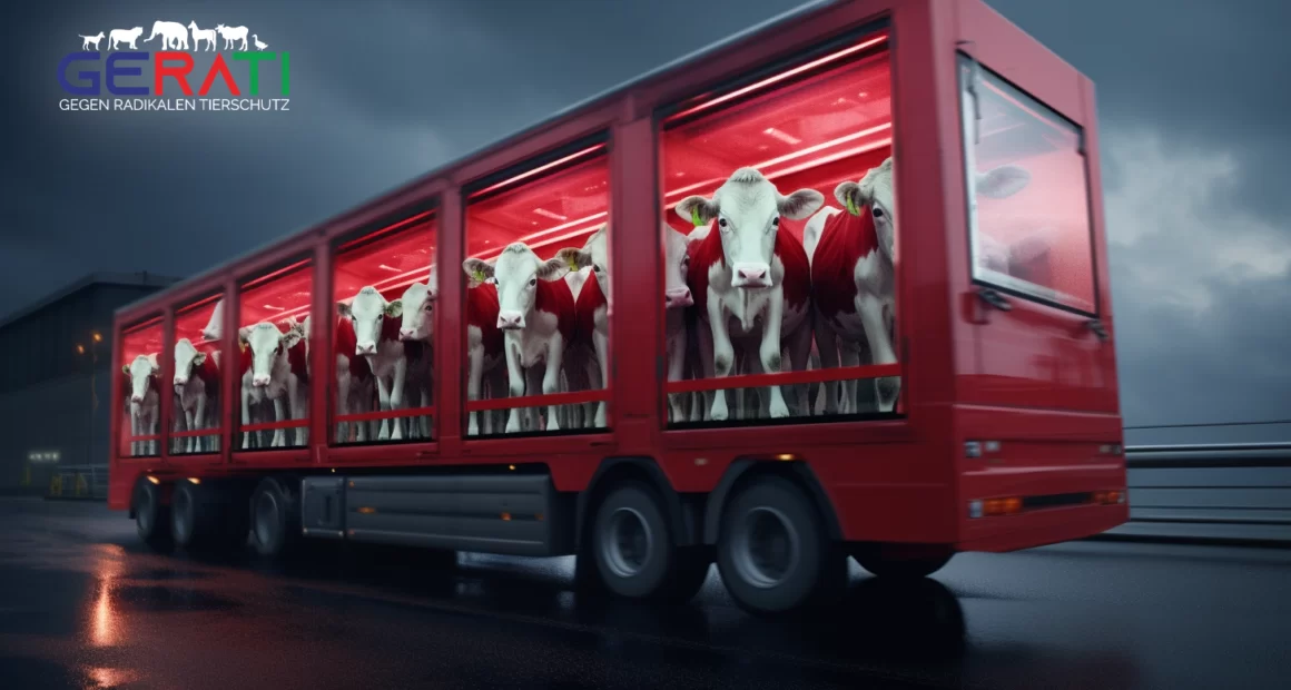 Ein Lastwagen transportiert junge Kälber. Ein großes rotes "X" markiert Kälber unter fünf Wochen. Umstrittenes Kälbertransportverbot in der EU.