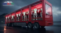 Ein Lastwagen transportiert junge Kälber. Ein großes rotes "X" markiert Kälber unter fünf Wochen. Umstrittenes Kälbertransportverbot in der EU.