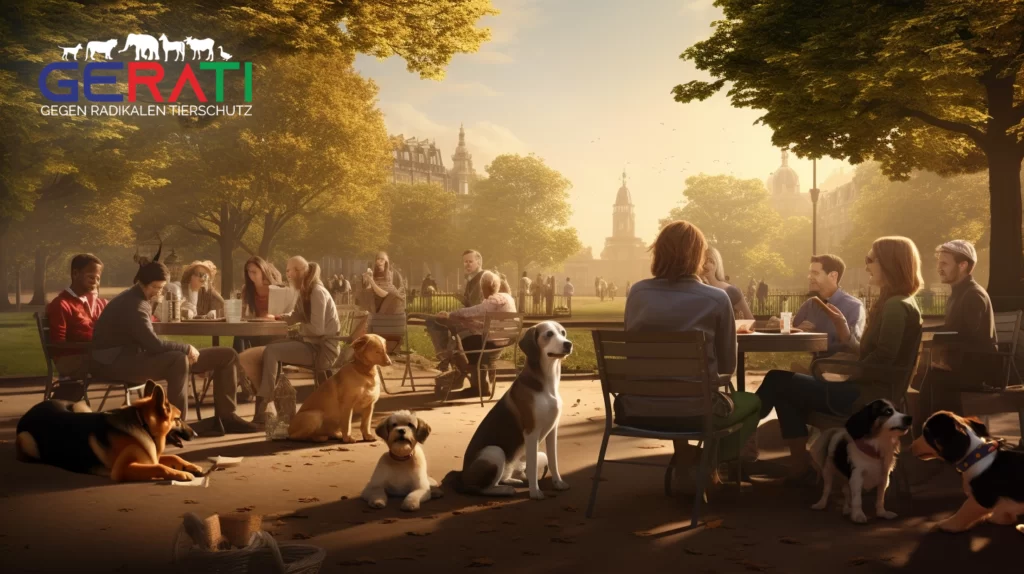 Eine Gruppe von Hunden, die auf ihre zukünftigen Adoptiveltern bei einem Bark-Date in Köln im Stadtpark treffen.