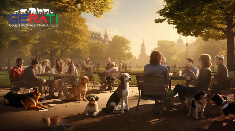 Ein gemütlicher Park in Köln mit Menschen, die spielerisch mit geretteten Hunden interagieren, umgeben von einer harmonischen und freundlichen Atmosphäre. Ein Schild mit der Aufschrift „Bark-Date – Hunde suchen ein Zuhause“ im Hintergrund.