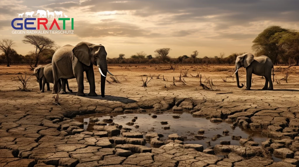 Eine trostlose Landschaft in Simbabwe mit ausgetrocknetem Wasserloch, umgeben von einer Gruppe skelettartiger Elefanten, die die verheerende Auswirkung der Dürre symbolisieren.