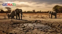 Eine trostlose Landschaft in Simbabwe mit ausgetrocknetem Wasserloch, umgeben von einer Gruppe skelettartiger Elefanten, die die verheerende Auswirkung der Dürre symbolisieren.