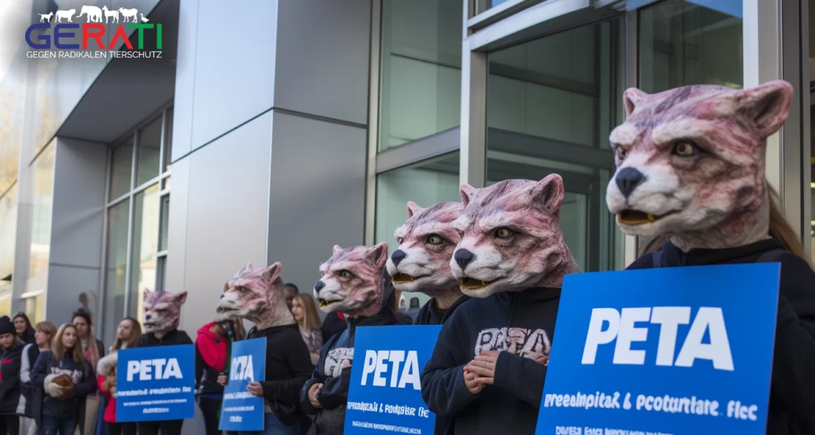 Eine Gruppe von Menschen demonstriert vor dem Büro von PETA, während sie Schilder hochhalten und mit Vertretern von PETA Forderungen in einen Dialog treten.