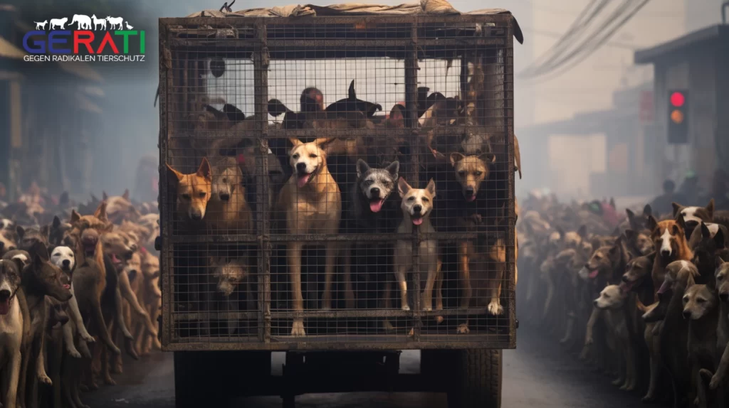 Ein dramatischer Moment, als indonesische Polizei einen LKW stoppt, der Käfige voller verzweifelter Hunde transportiert, die auf dem Weg zum Schlachthof sind.