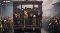Ein dramatischer Moment, als indonesische Polizei einen LKW stoppt, der Käfige voller verzweifelter Hunde transportiert, die auf dem Weg zum Schlachthof sind.