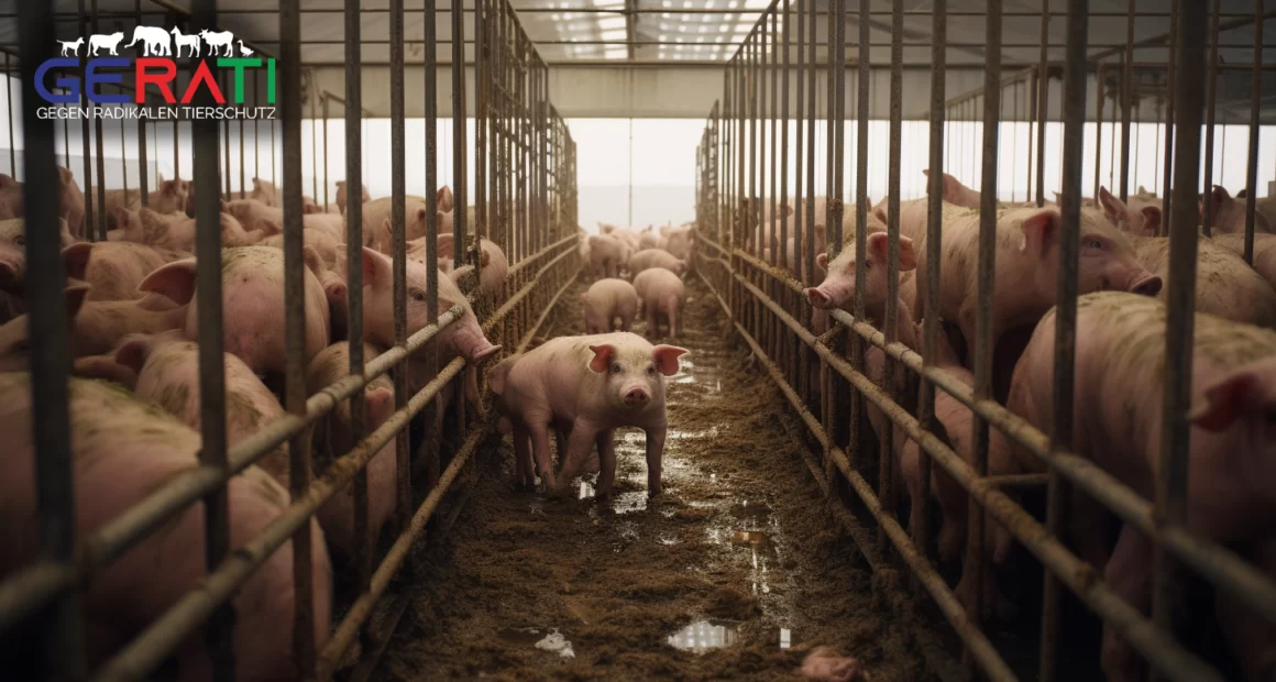 Ein überfülltes, enges Schweinegehege mit Metallstäben und schmutzigem Boden, das die Unvereinbarkeit von vollständig geschlitztem Boden mit dem Tierschutz in Österreich verdeutlicht.