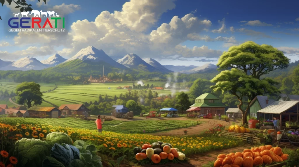 Ein ländliches Landschaftsbild mit einem Bauernmarkt im Vordergrund, der eine Vielzahl nachhaltiger landwirtschaftlicher Praktiken zeigt. Traditionelle Landwirtschaftsmethoden werden neben moderner Innovation dargestellt.