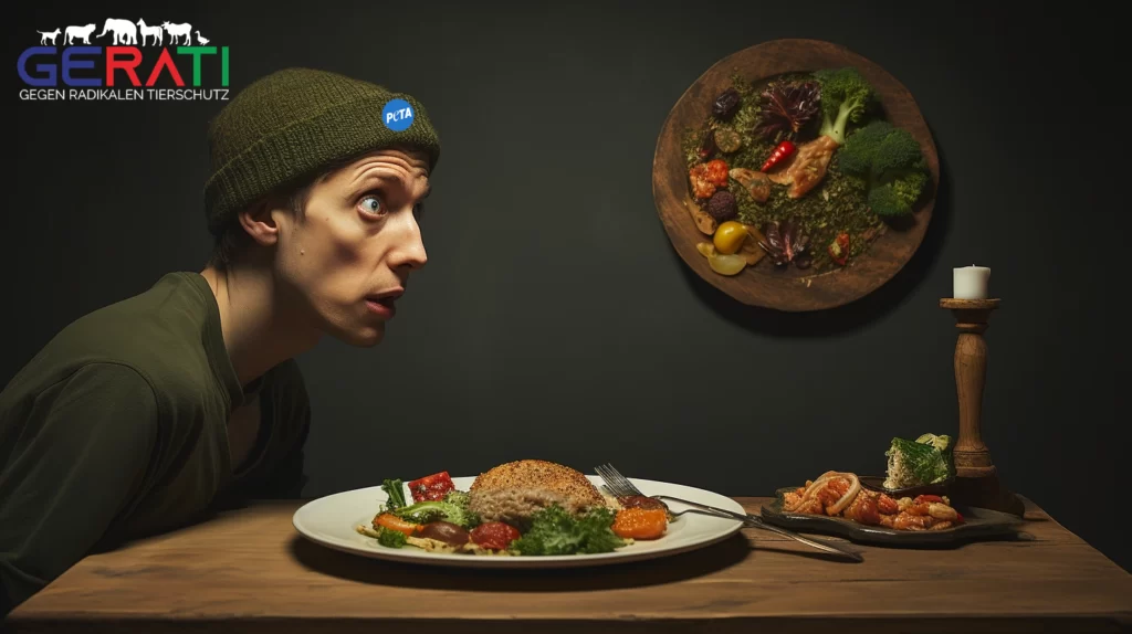 Eine Person mit fanatischem Blick starrt auf einen Teller mit veganem Essen.
