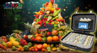 Ein Stapel von 100.000 Euro umgeben von frischen, lebendigen Früchten und Gemüse, mit einem markanten 'PETA' Logo im Hintergrund, das das Angebot für eine vegane Sendung an RTL visuell darstellt