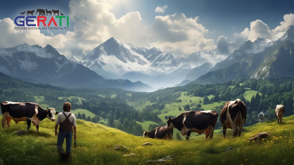 Ein Bauer führt seine gestressten Kühe in einem traditionellen Weidesystem in der bayerischen Landschaft. Das Gegenteil der geforderte der Anbindehaltung von Rindern die aktuell in vielen landwirtschaftlichen Betrieben durchgeführt wird.