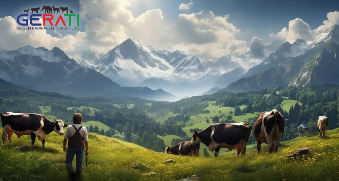 Ein Bauer führt seine gestressten Kühe in einem traditionellen Weidesystem in der bayerischen Landschaft. Das Gegenteil der geforderte der Anbindehaltung von Rindern die aktuell in vielen landwirtschaftlichen Betrieben durchgeführt wird.