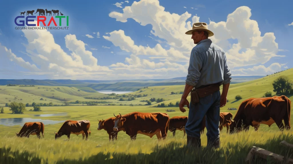 Ein junger Rancher steht mutig inmitten seiner Herde, umgeben von saftigen grünen Weiden und einem klaren blauen Himmel. Er strahlt Unschuld und Widerstandsfähigkeit angesichts falscher Anschuldigungen aus.