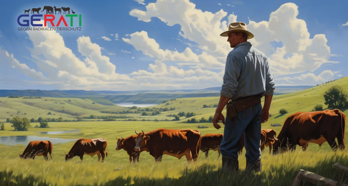 Ein junger Rancher steht mutig inmitten seiner Herde, umgeben von saftigen grünen Weiden und einem klaren blauen Himmel. Er strahlt Unschuld und Widerstandsfähigkeit angesichts falscher Anschuldigungen aus.