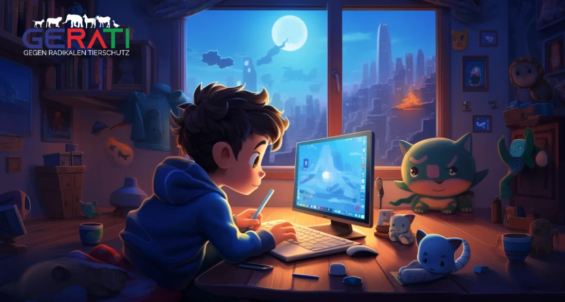Ein Junge spielt auf einem Gaming-PC in einem Zimmer, das von einer cartoonartigen virtuellen Welt voller pixelierter Tiere umgeben ist. PETA vs. Palworld