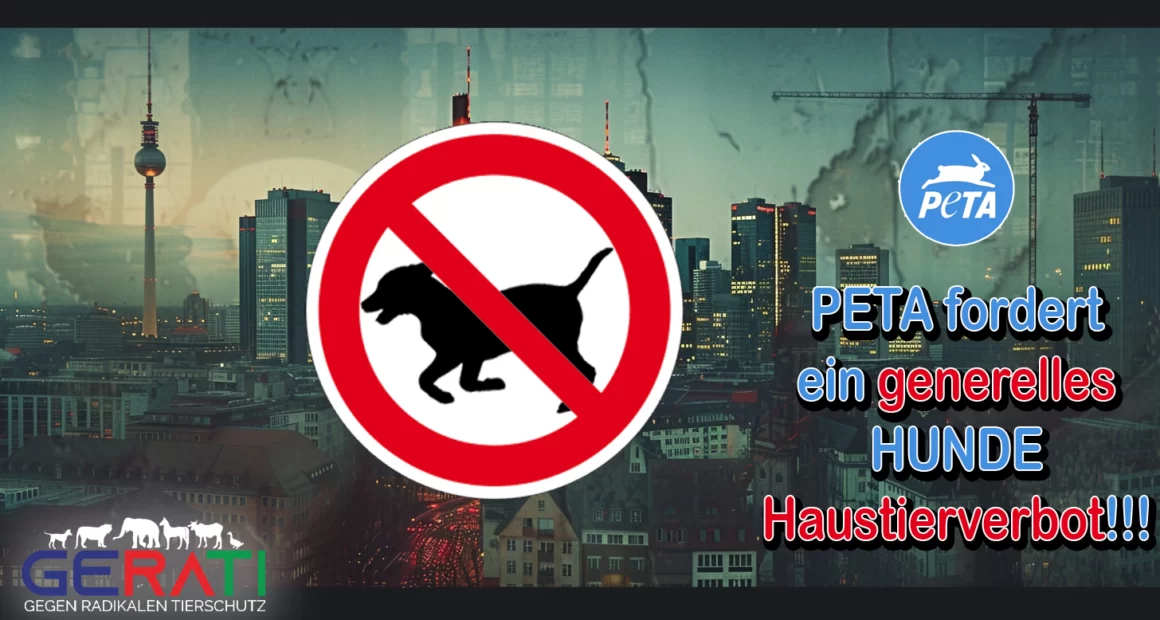 Städtische Skyline in Deutschland mit einem roten "Hunde verboten" Schild.
