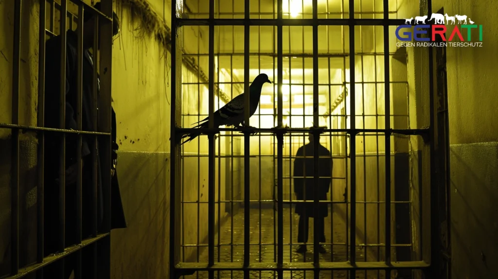 Ein Taube sitzt einsam hinter Gittern in einer düsteren indischen Gefängniszelle, während Wächter draußen Wache halten.