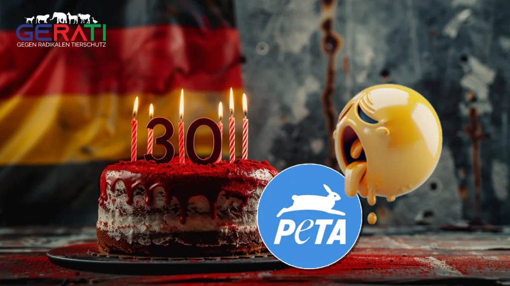 Dunkles und bedrohliches Bild eines roten Geburtstagskuchens mit der Zahl 30 als Kerzen, wasden Geburtstag von PETA Deutschland symbolisiert, begleitet von einem kotzenden Emoji, das die gesellschaftliche Einstellung zum Ereignis zeigt. Im Hintergrund ist die deutsche Flagge zu erkennen.